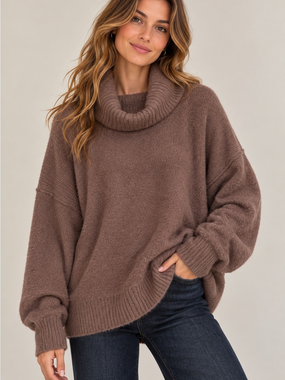aerie Plush Cowl Neck Sweater - Taupe